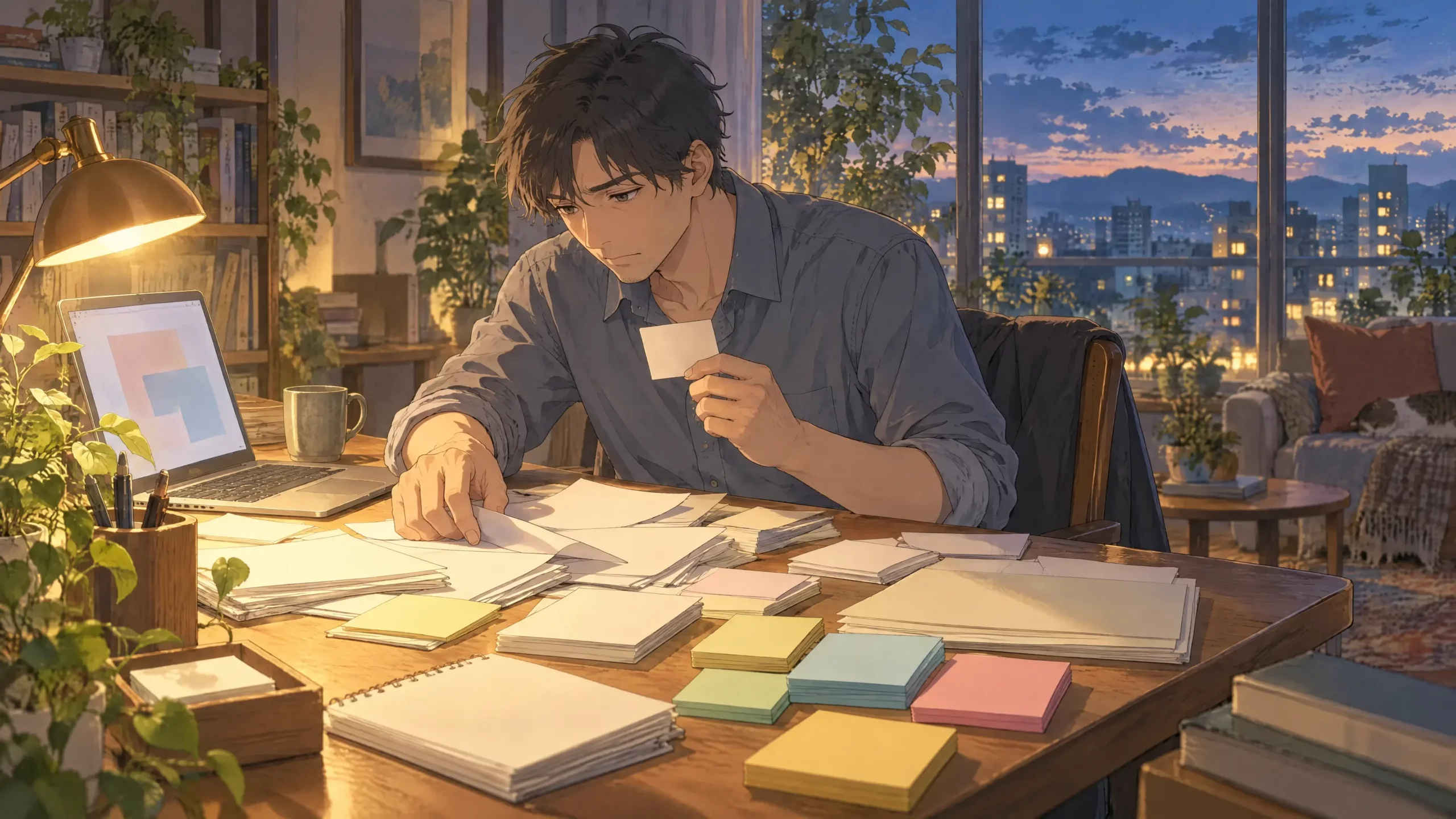 personal task management app friction as a tired man at an evening desk holds one task card while searching scattered papers for its context