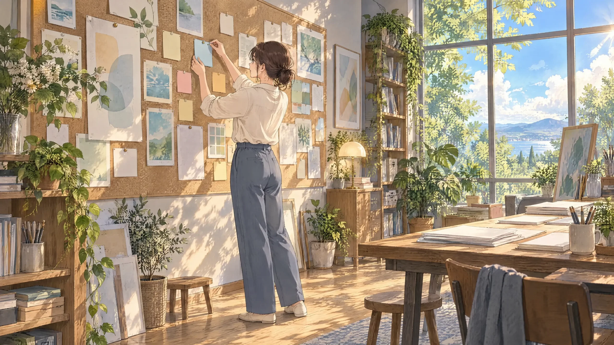 personal task management app context layer as a woman pins a task card among related notes and images on a large studio wall