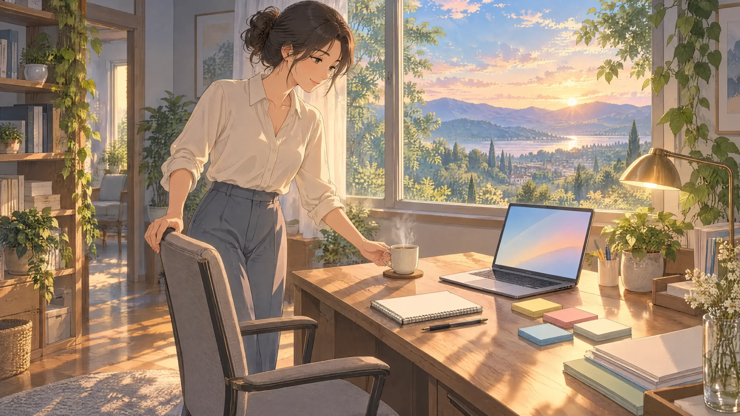 personal task management app setup ready to resume as a woman returns to her organized desk with tea at sunrise