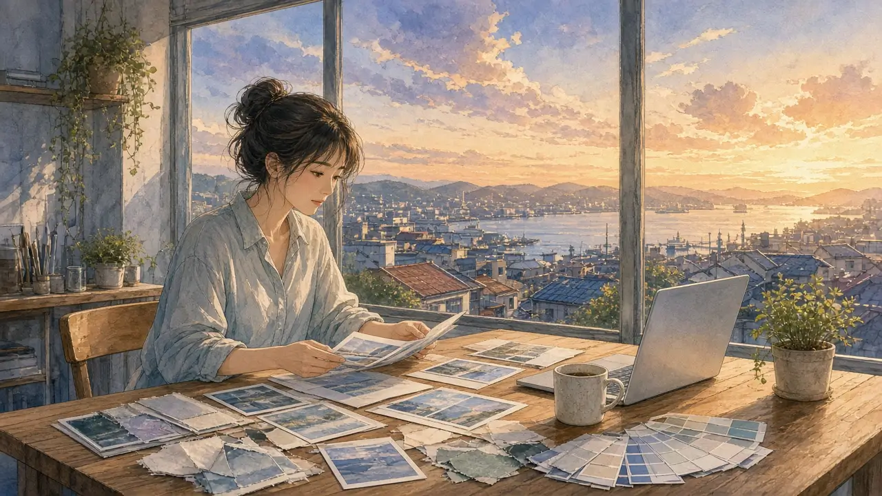 A woman at a wide studio desk at golden hour grouping printed photos and swatches beside her laptop, a private Pinterest alternative for work