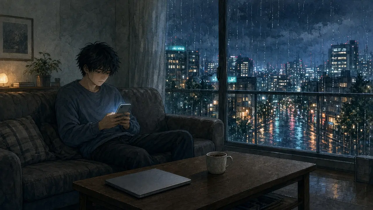 A tired man scrolling on his phone late at night on a sofa, rain on the window and city lights outside
