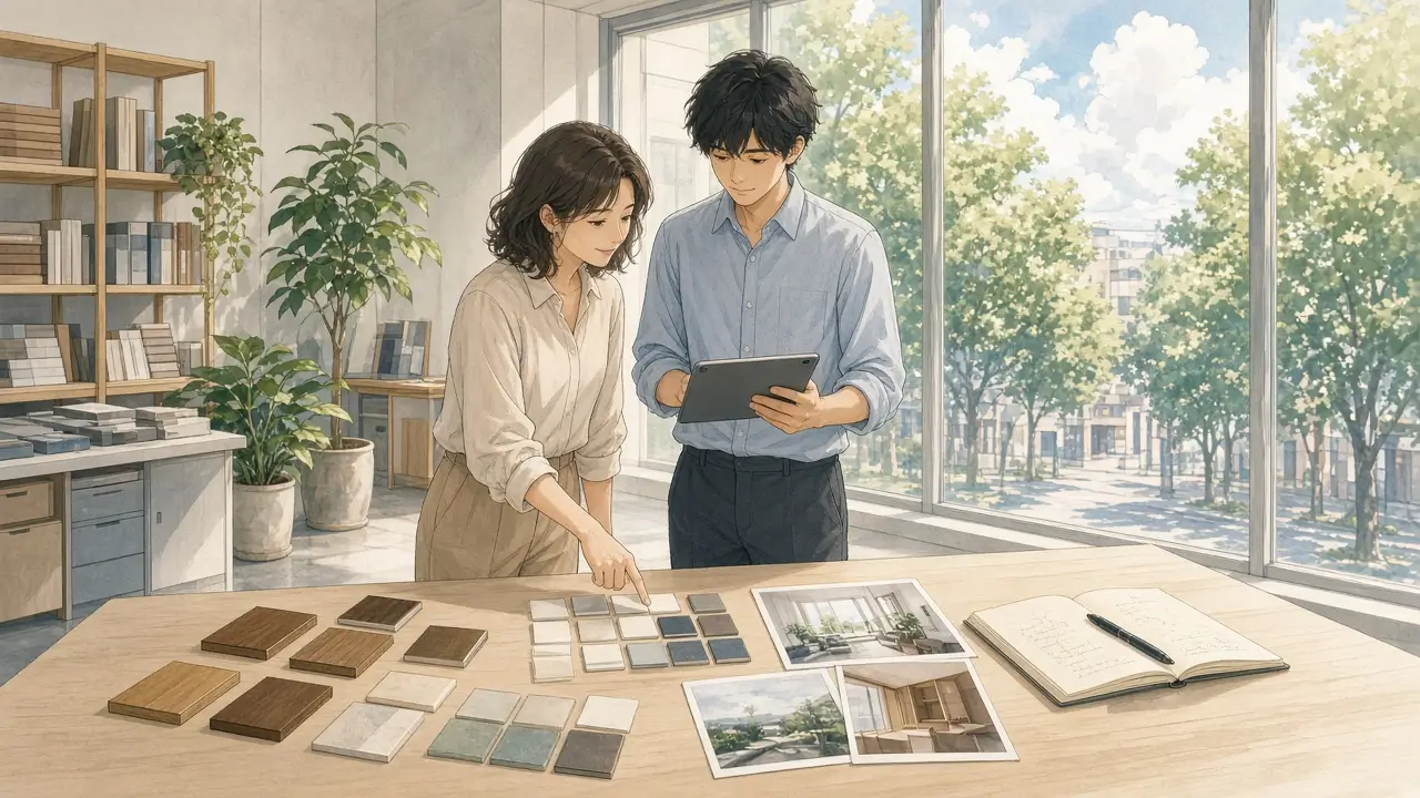 Two colleagues in an interior design office reviewing tile samples, swatches and room photos grouped in clusters on a large table