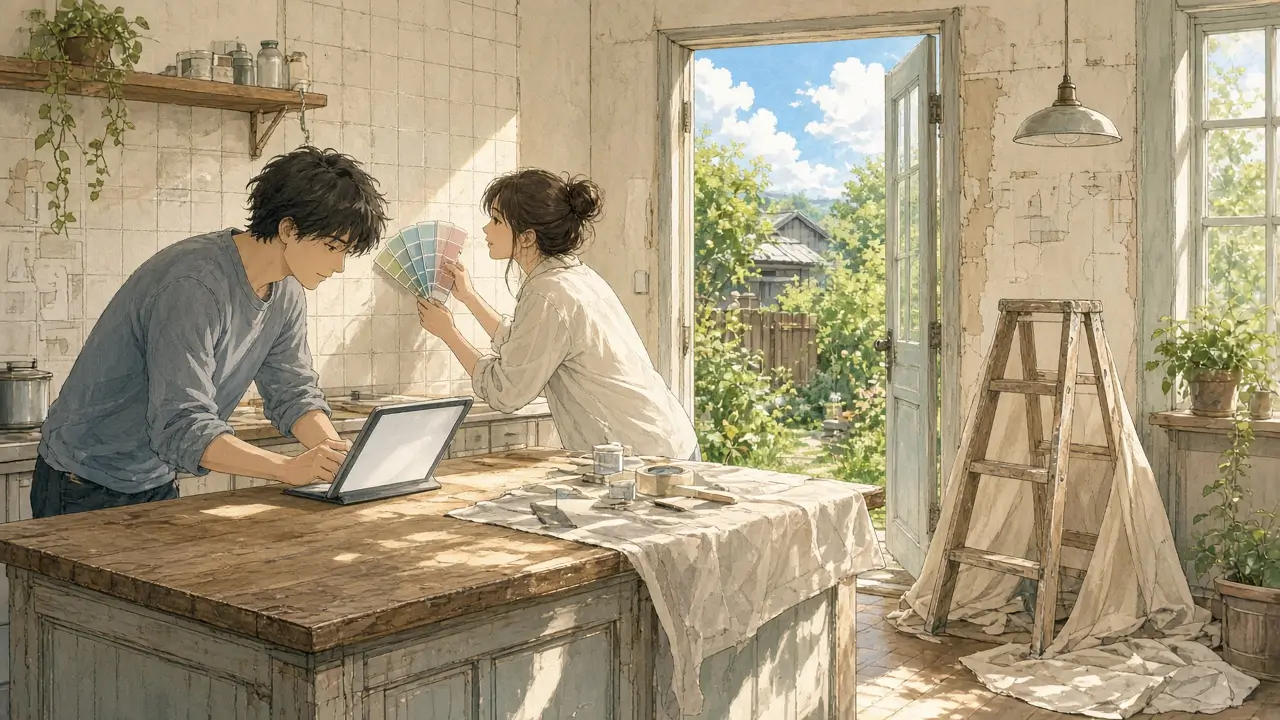 A couple in a kitchen mid-renovation browsing inspiration on a laptop and holding up paint chips, the kind of discovery Pinterest handles well