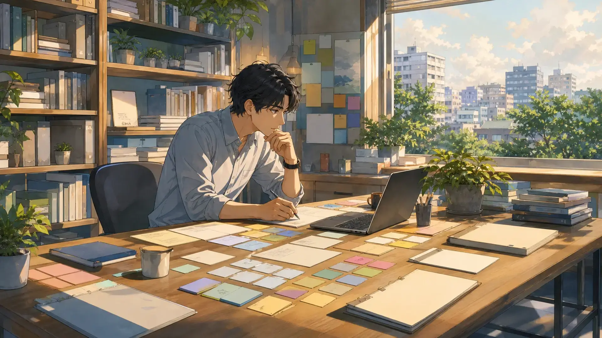 productivity system showing scattered work context in an office workspace