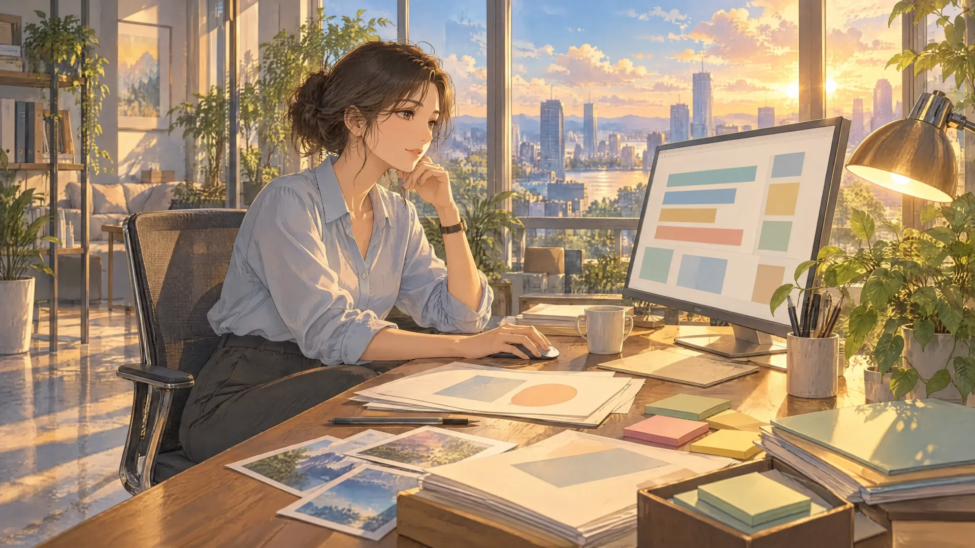 project dashboard with status blocks on a monitor while a project lead keeps related notes, files, and photos around her desk at golden hour