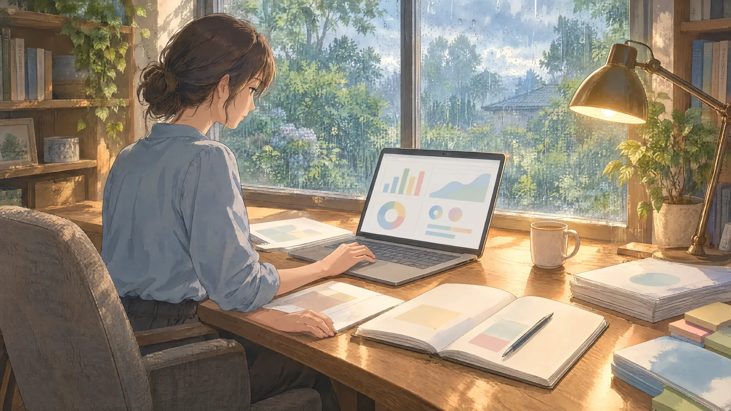 project dashboard on a laptop with supporting documents and notes open beside it in a rainy day home office