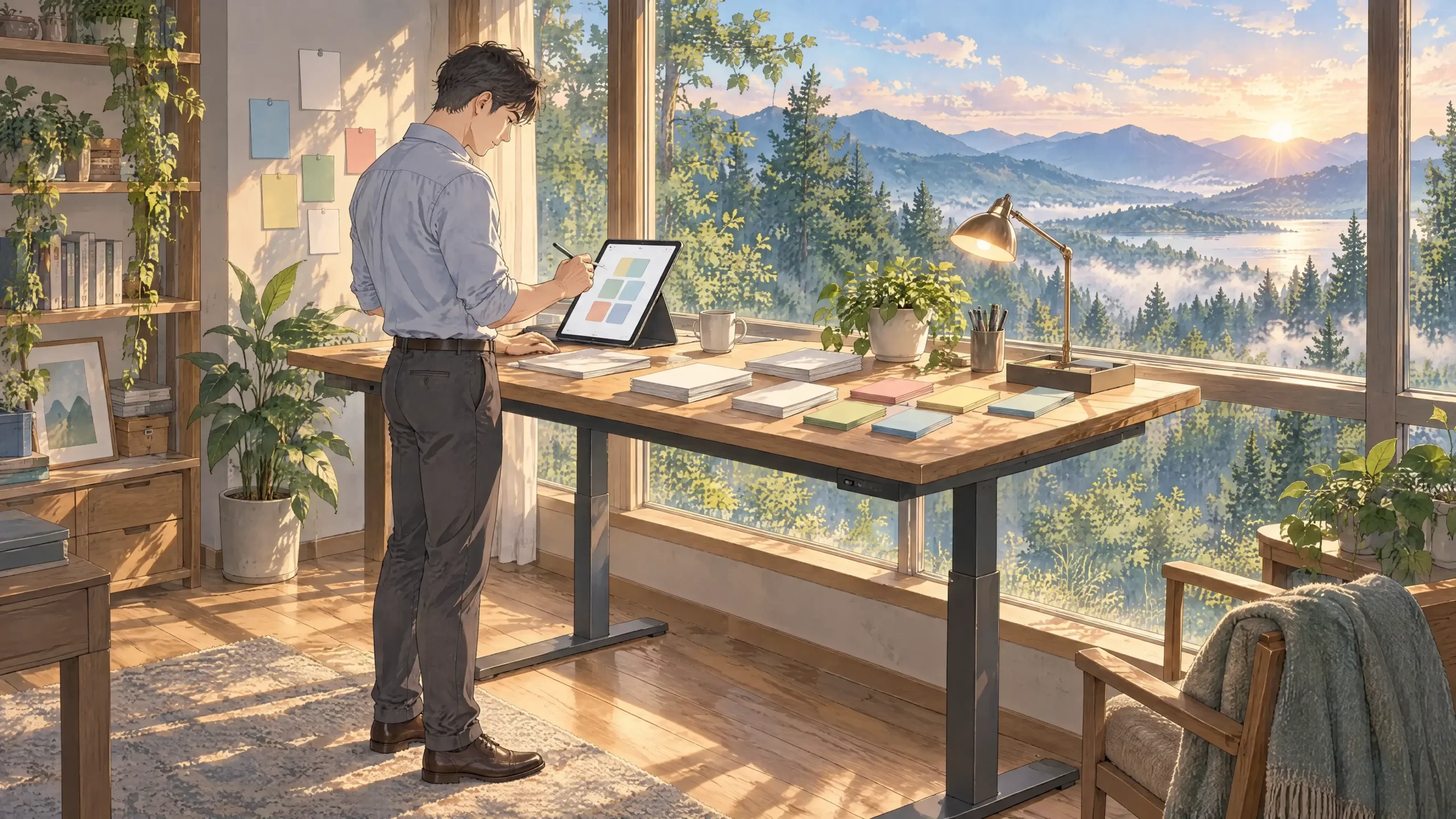 project dashboard checklist on a tablet as a man works at a standing desk with color-coded task cards and a mountain view