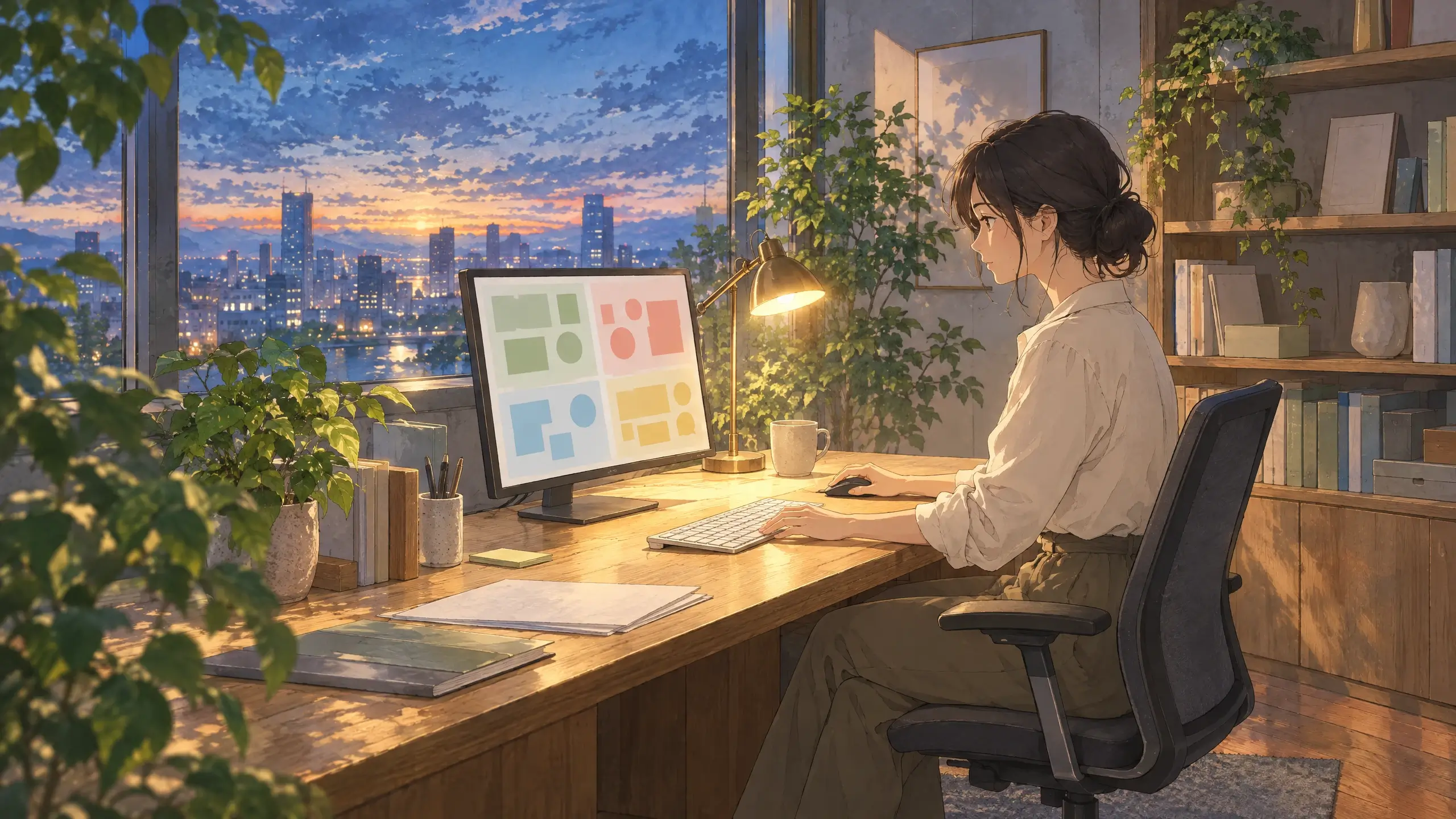 project dashboard as a visual workspace with color-grouped zones on a monitor as a woman works late in an office at dusk