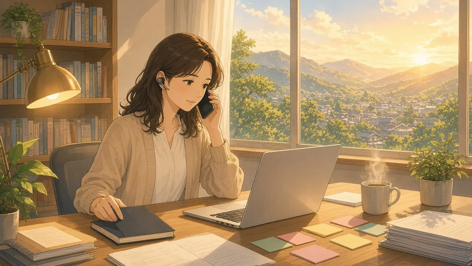 Spatial memory in action as a woman on a phone call at a desk by a window rests her hand on a notebook without looking while her laptop, papers and sticky notes sit in tidy groups