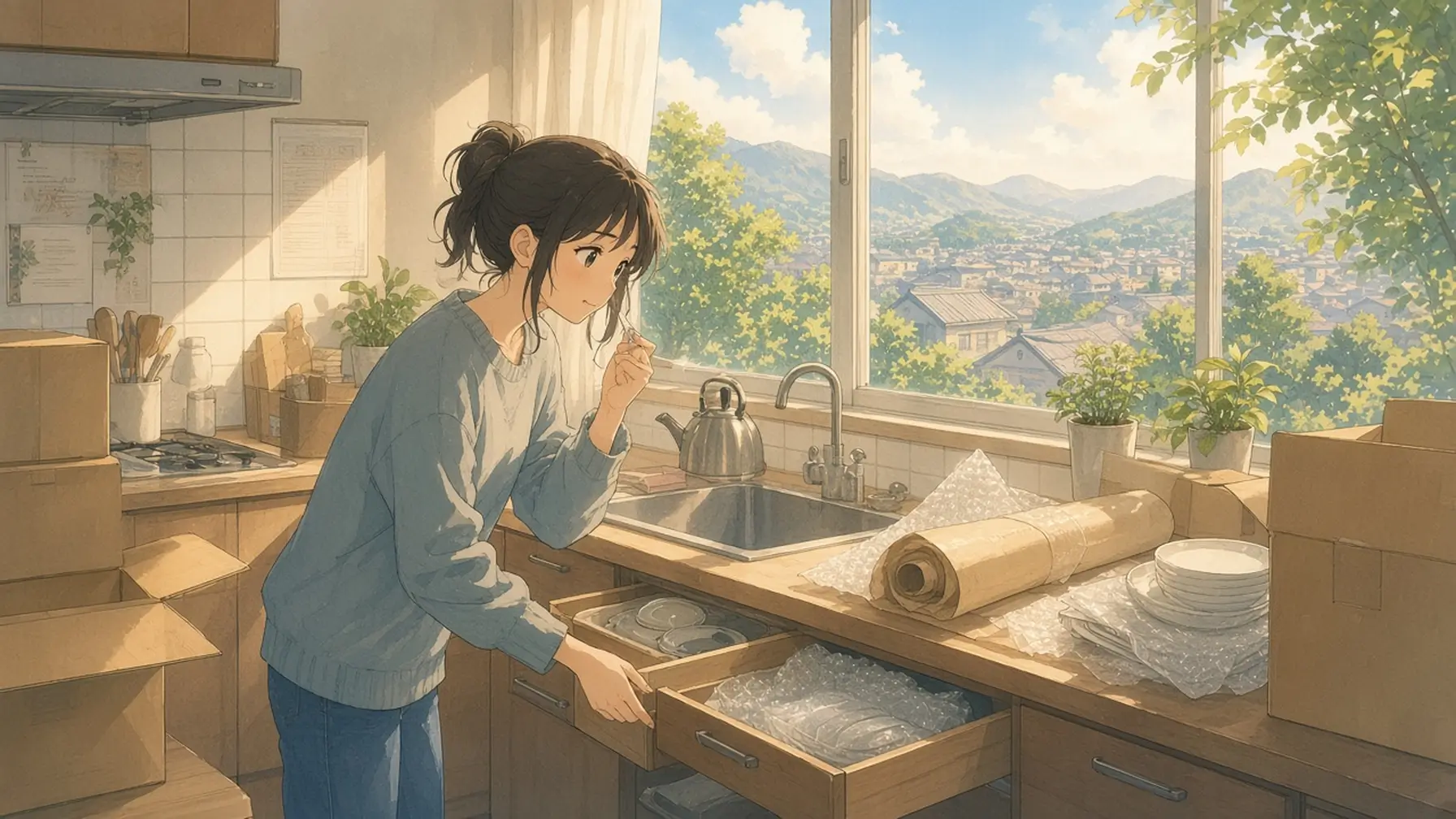 Spatial memory example as a woman in a sunlit new kitchen opens drawers looking for a utensil while unpacked boxes sit on the counter