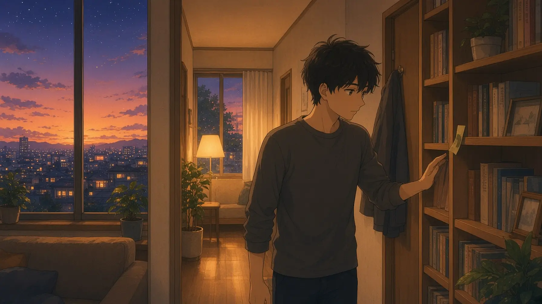 Spatial memory and the memory palace idea as a young man walks through his apartment at dusk, pausing by a bookshelf and a window as he rehearses a list