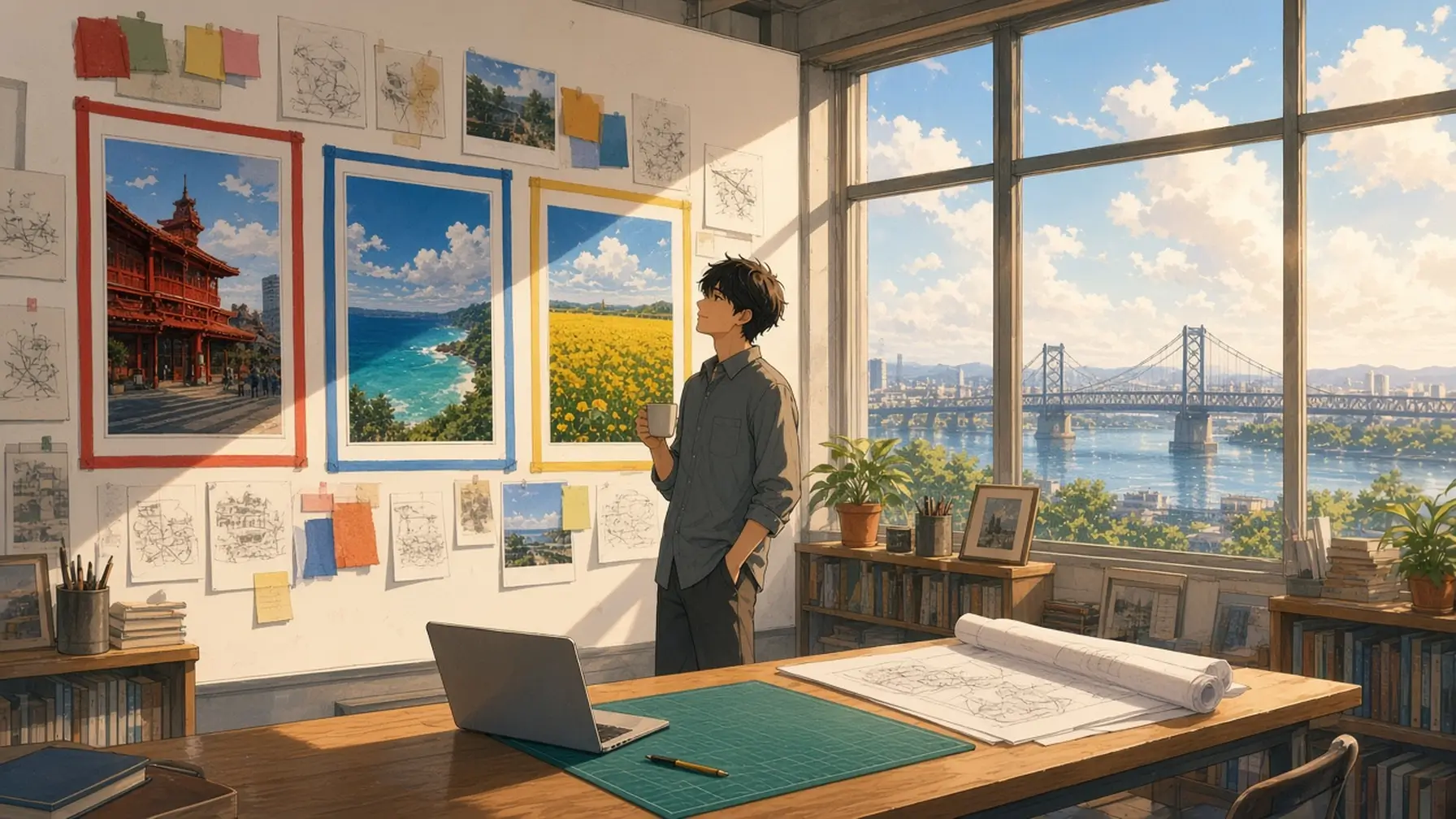Spatial memory at work as a designer in a bright studio steps back from a wall of grouped sketches, photos and pinned notes arranged in clear areas