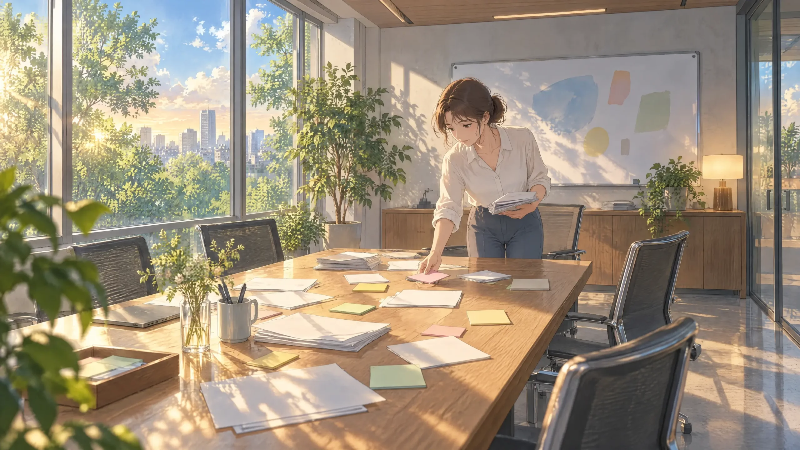 visual collaboration tool problem after the meeting as a woman gathers scattered notes and cards from an empty sunlit meeting table