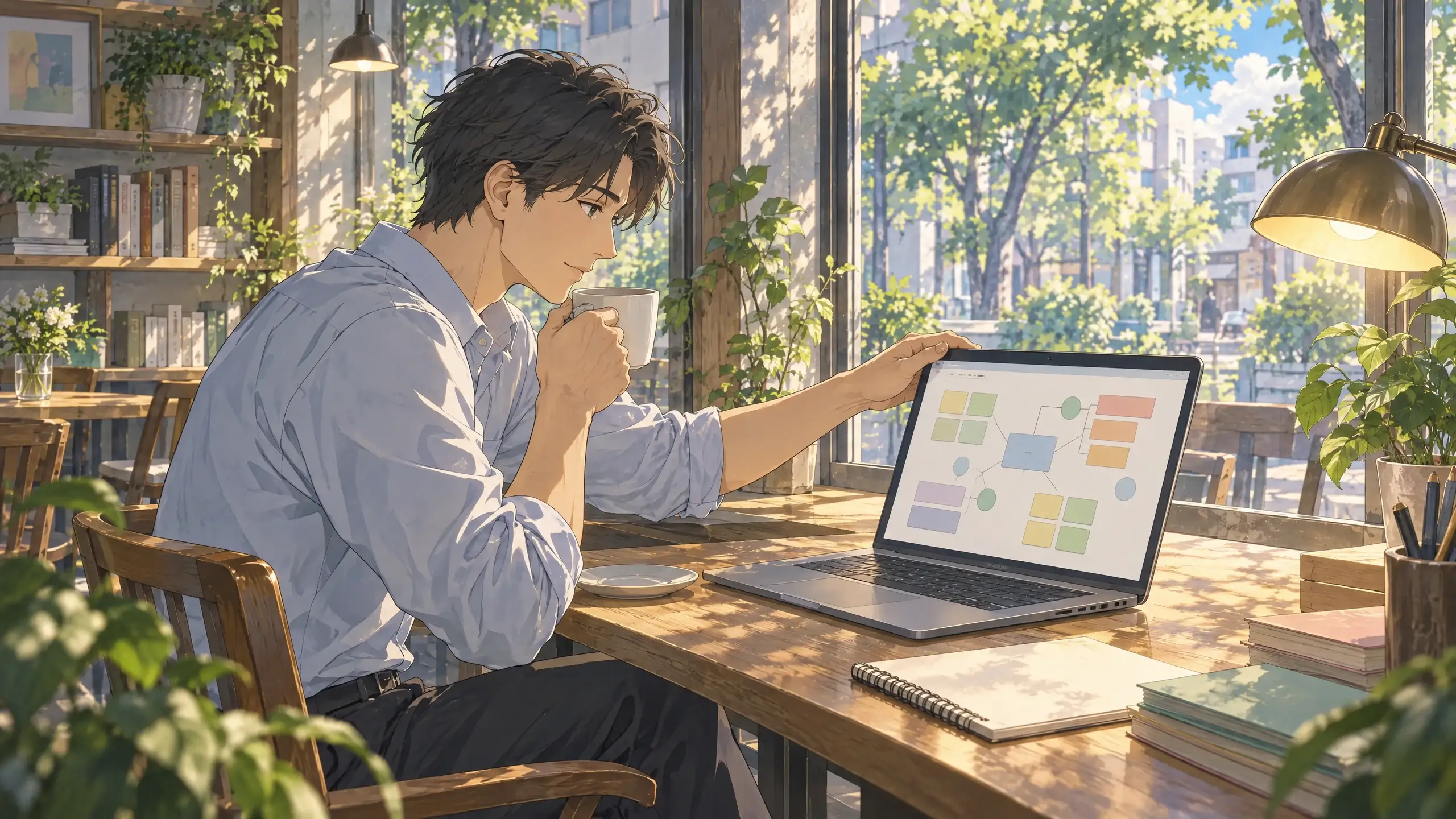 visual collaboration tool after-the-meeting test as a man opens a shared board on his laptop with morning coffee