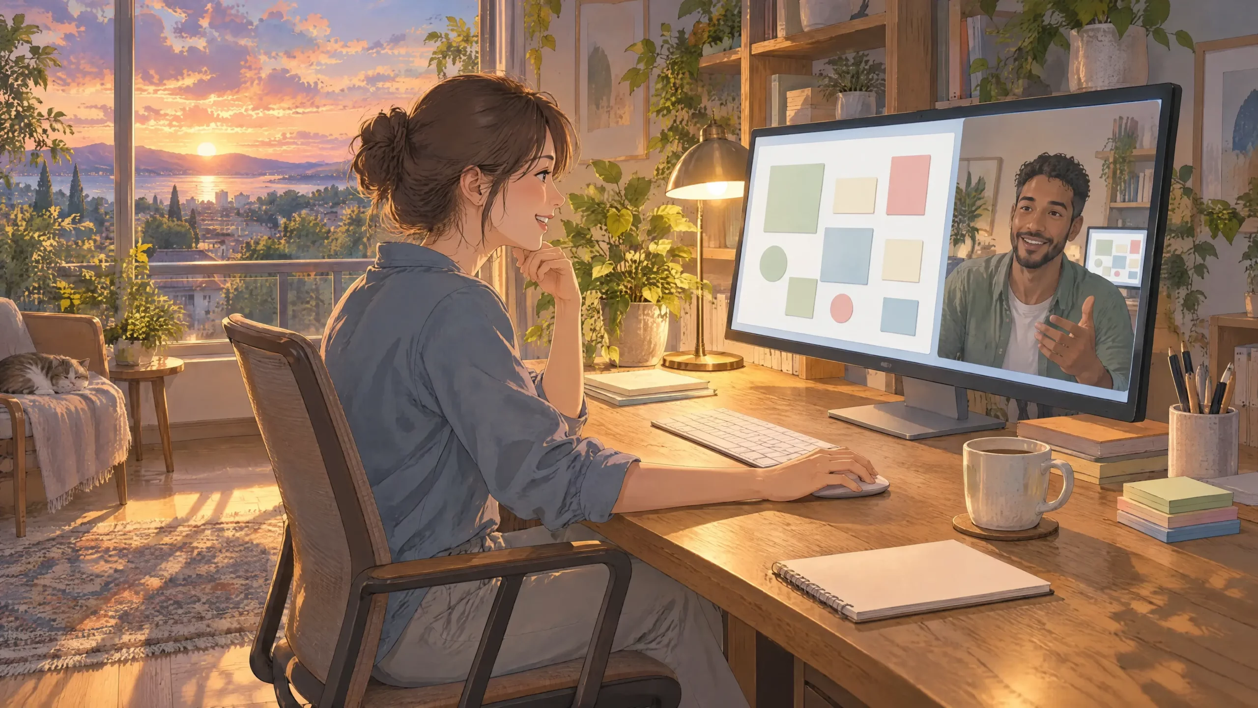 persistent visual collaboration tool workspace shared on a monitor between a woman in her home studio and a remote colleague on video