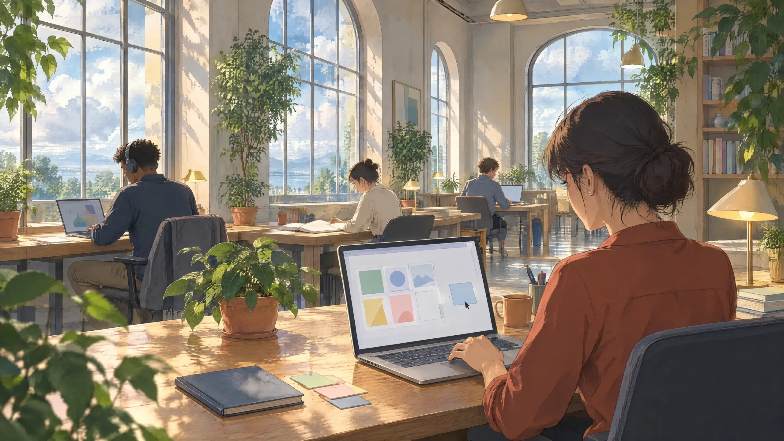 visual collaboration tool workspace in a co-working space where a woman adds files to a shared visual board on her laptop