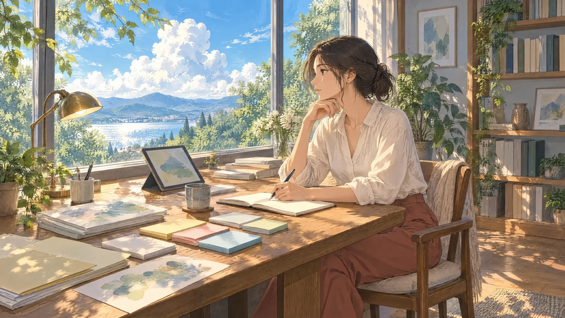visual note taking system with notes, sketches, files, and a tablet gathered around a writer at a large desk by a bright summer window