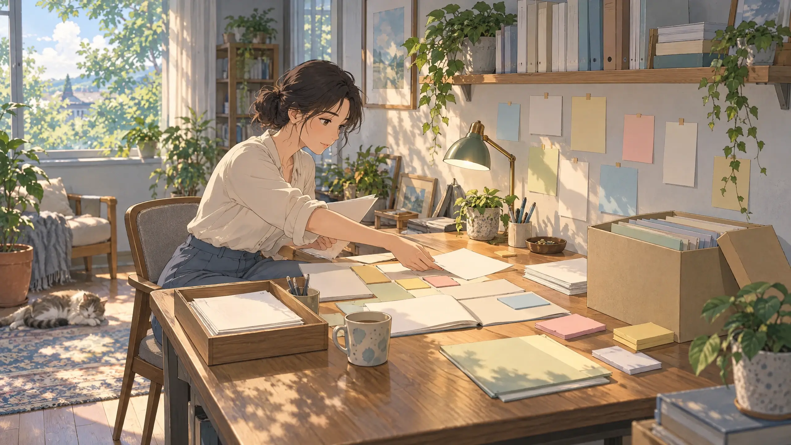 visual note taking system with capture, active, reference, and archive areas as a researcher sorts notes at a long home office desk