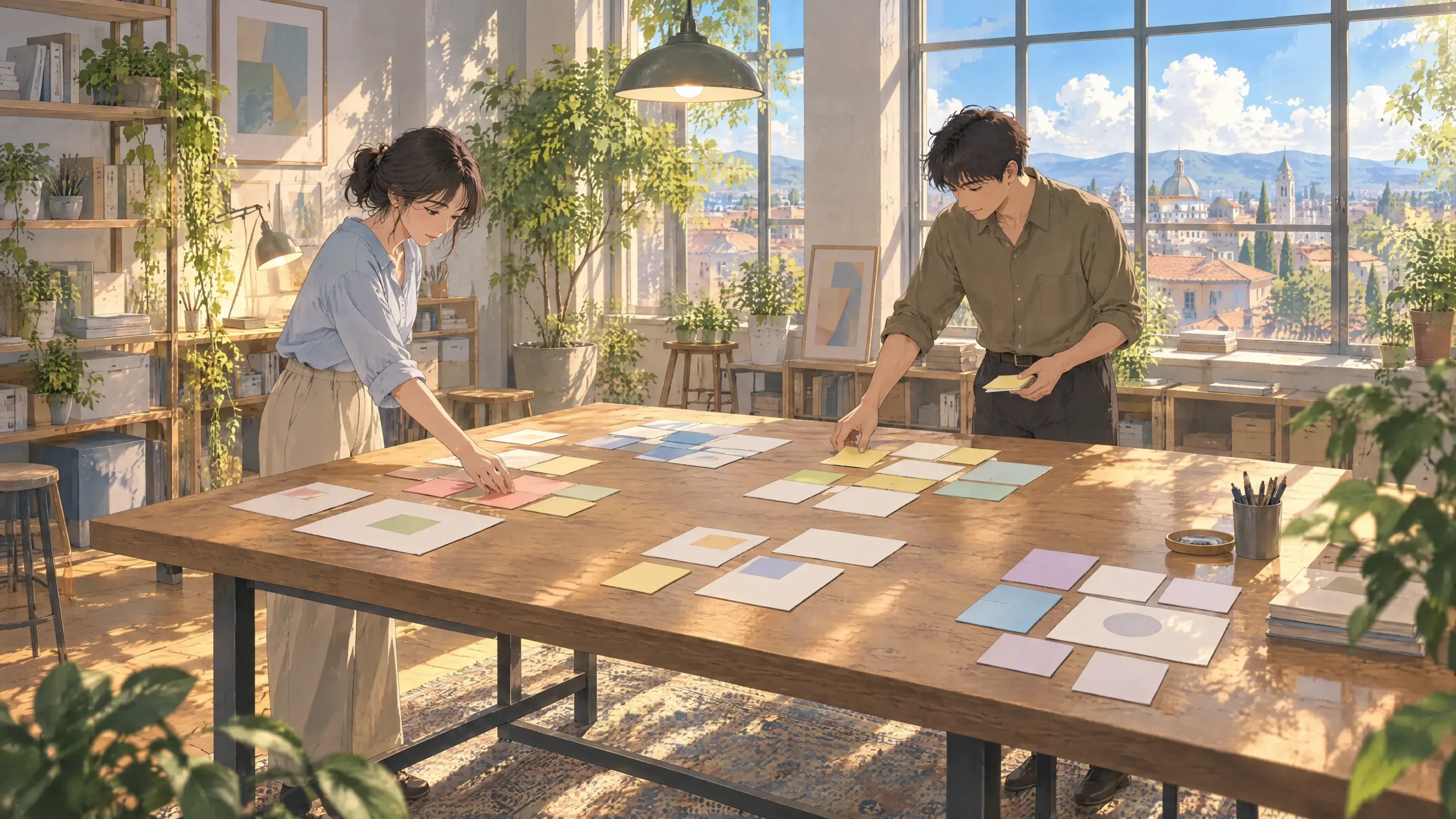 visual note taking system using visual groups as two colleagues cluster notes and cards on a large studio table