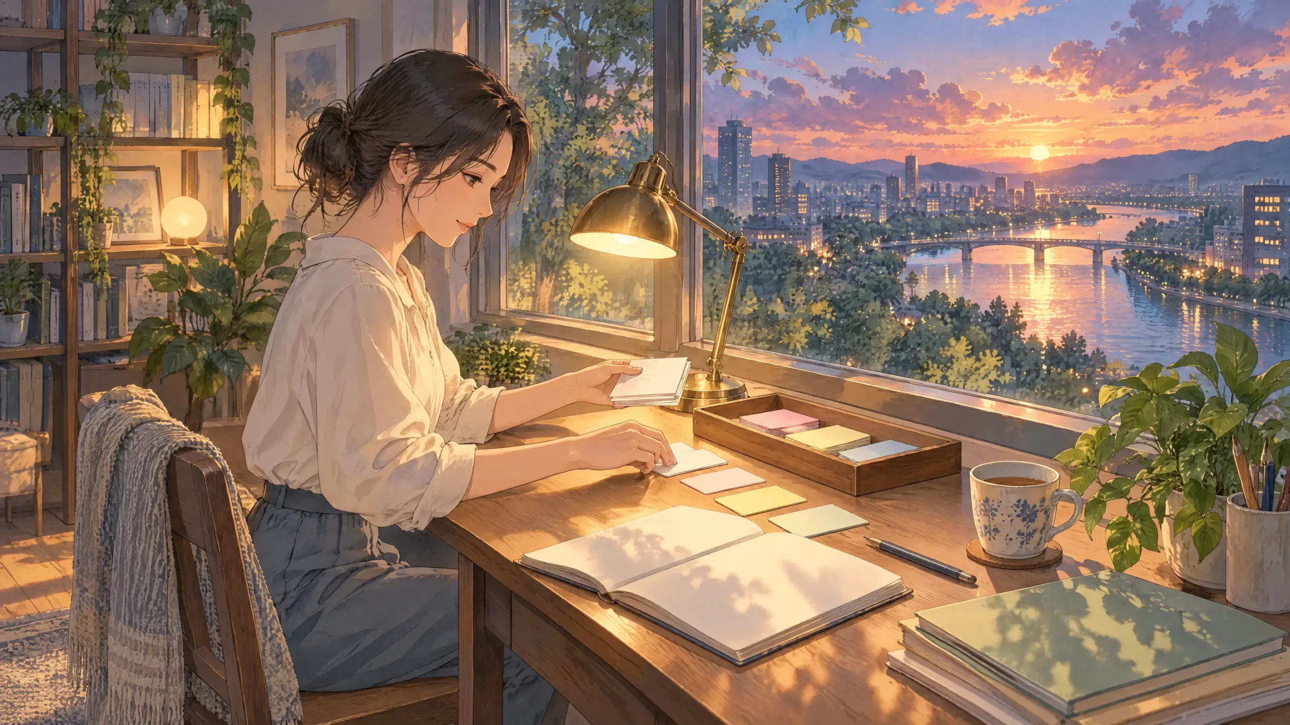 visual note taking system weekly review as a woman moves notes from a capture tray into her workspace at sunset
