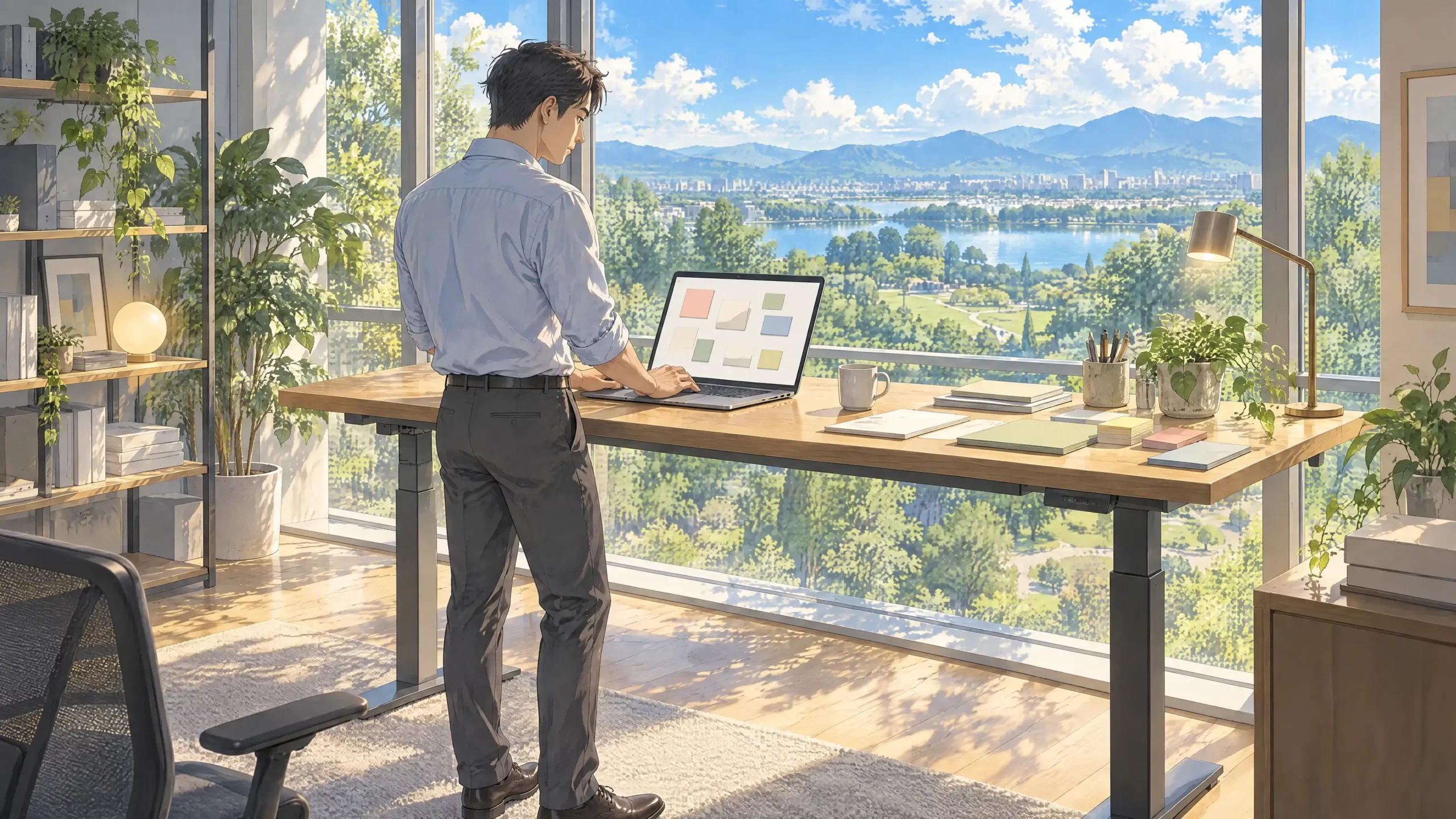 visual note taking system in an Opal style spatial canvas on a laptop at a standing desk overlooking a park and mountains