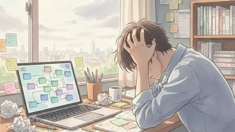 why productivity apps dont work - frustrated person at desk with folder maze