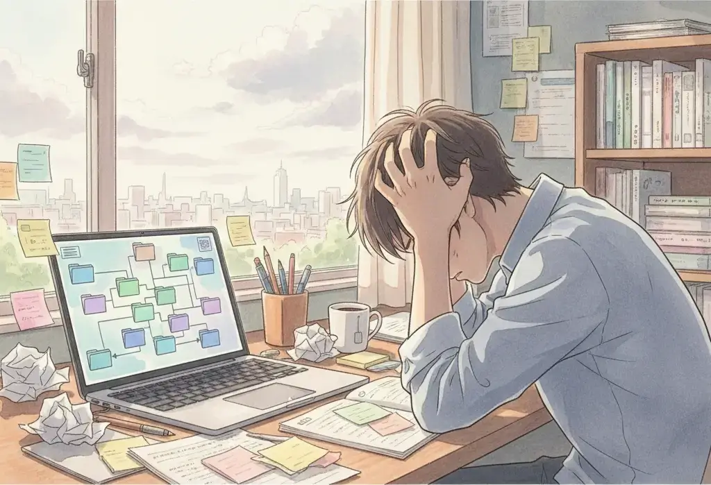 why productivity apps dont work - frustrated person at desk with folder maze