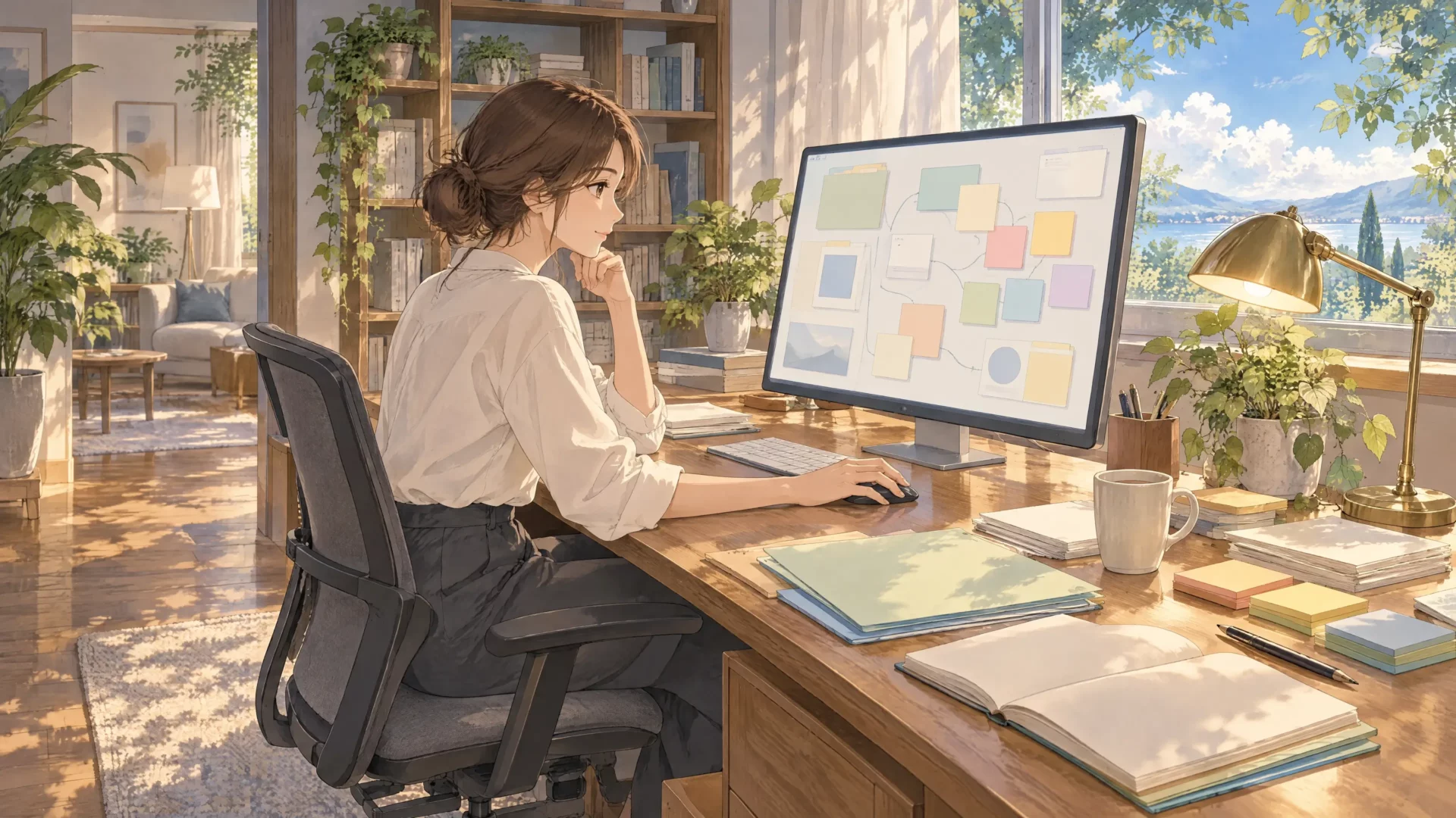 workspace app keeping tasks, notes, files, and links in one visual place on a monitor as a woman works in a calm home office