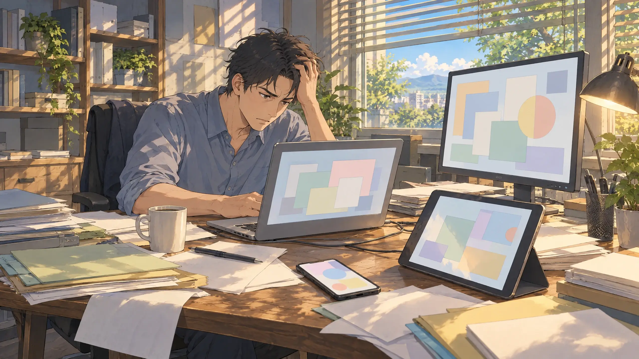 workspace app problem as a frustrated man juggles a laptop, tablet, phone, and monitor full of different apps at a cluttered desk