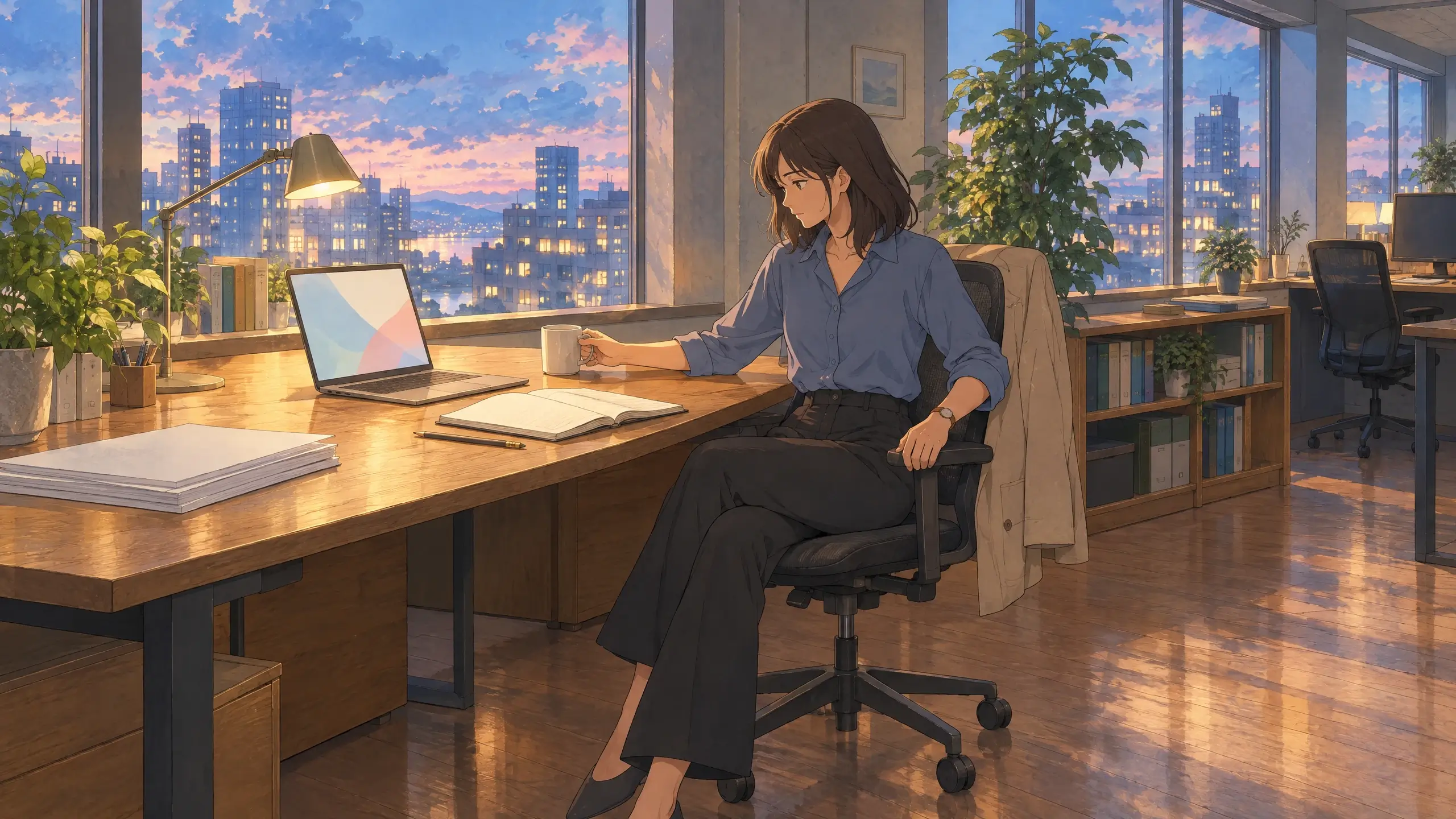 workspace app re-entry test as a woman sits back down at her office desk in the early evening to pick up where she left off