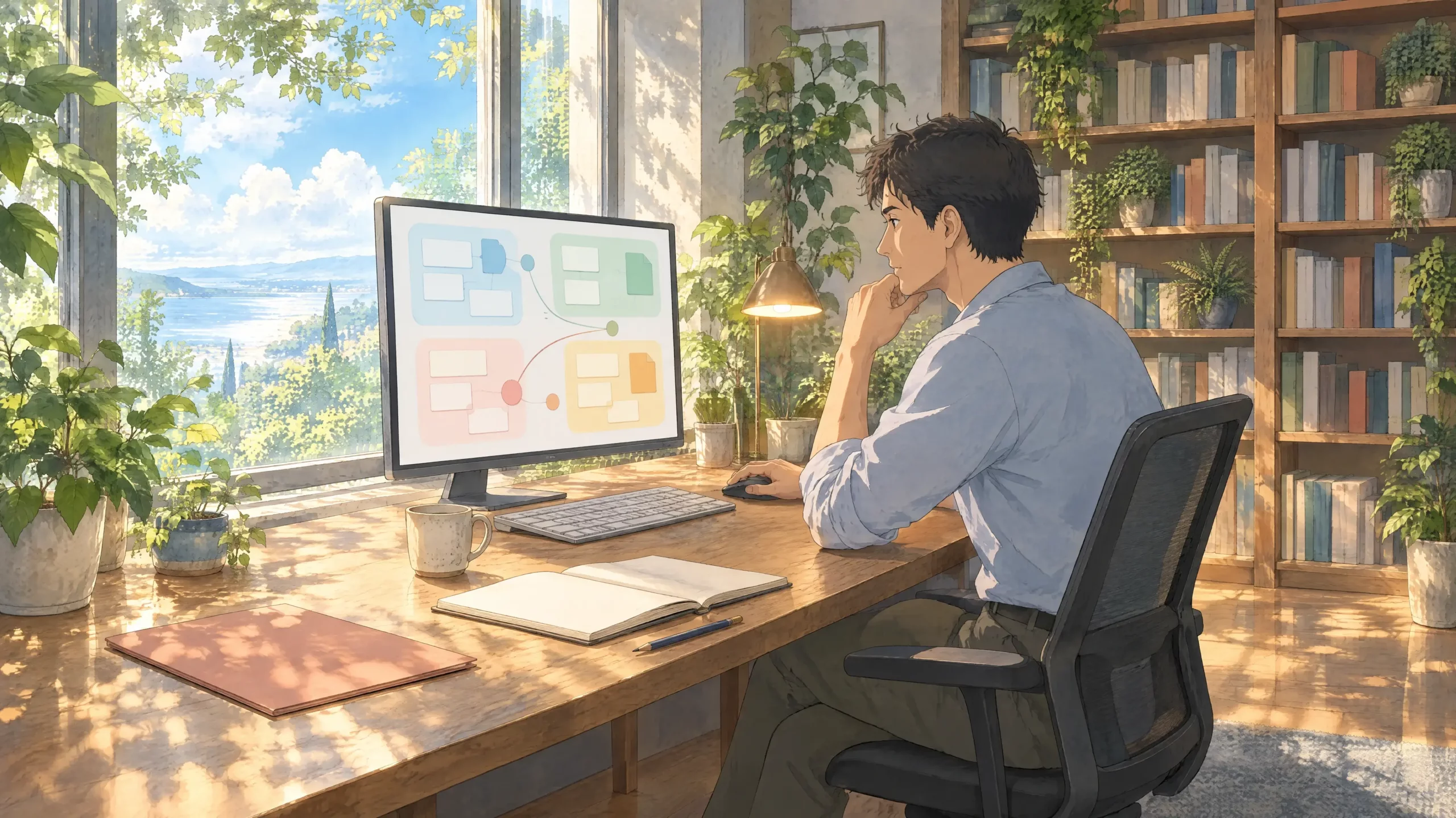 workspace app core parts with tasks, notes, files, and links grouped on a monitor as a man works in a sunny studio