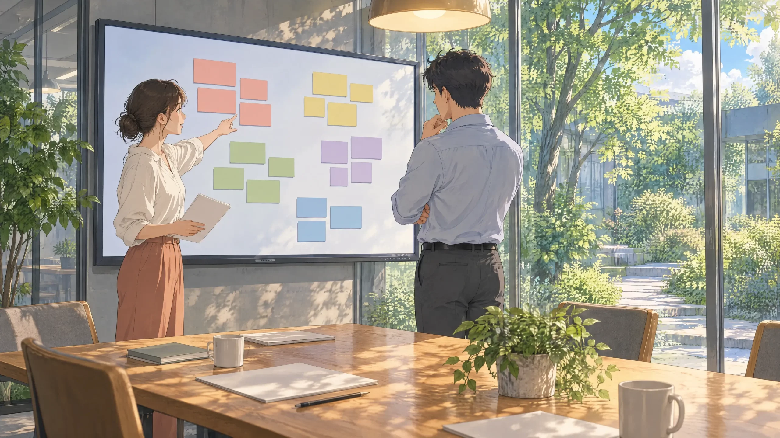 workspace app visual groups as two colleagues review clusters of colored cards on a large screen in a meeting room