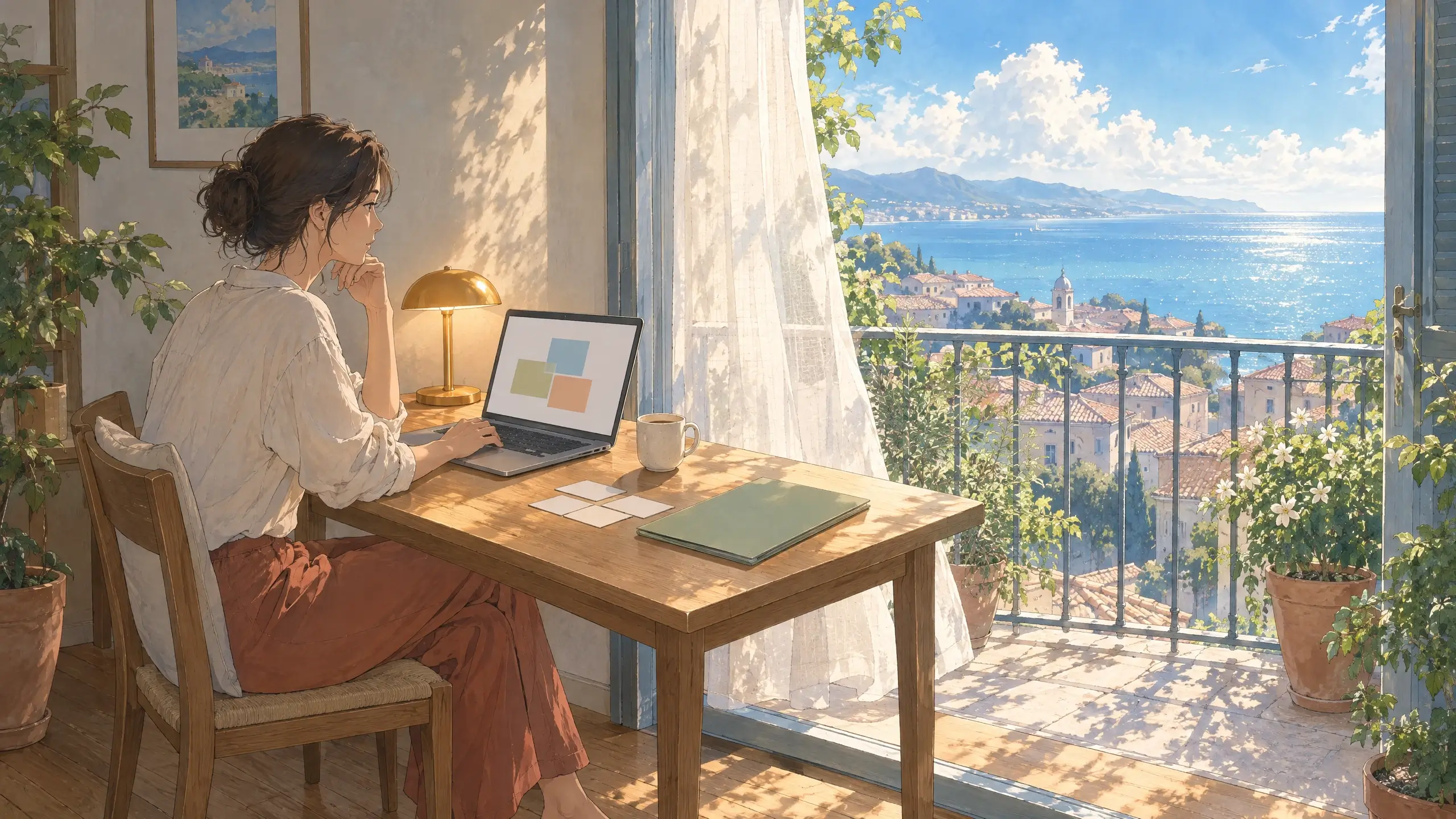 workspace app simple setup on a laptop at a small tidy desk beside a balcony window overlooking the sea